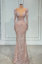 Designer Pink V-Neck Lace Mermaid Prom Dress Evening Gowns With Long Sleeves