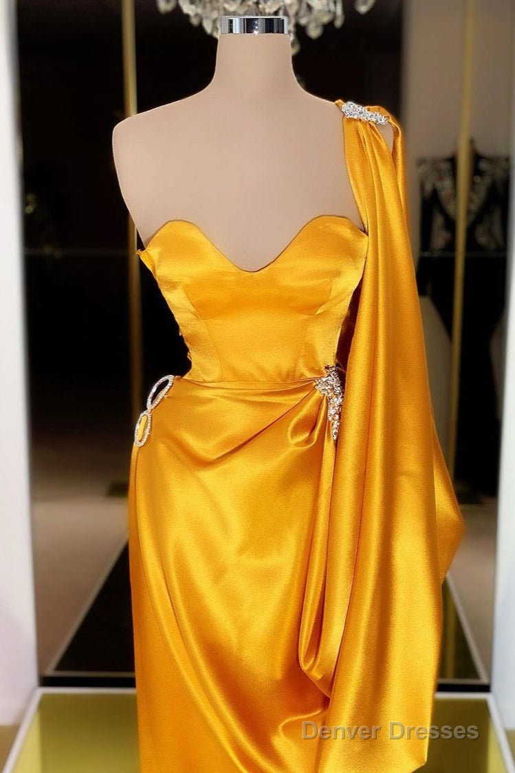 Designer Yellow Gold One Shoulder Long Evening Prom Dress With  Ruffles Secondary image