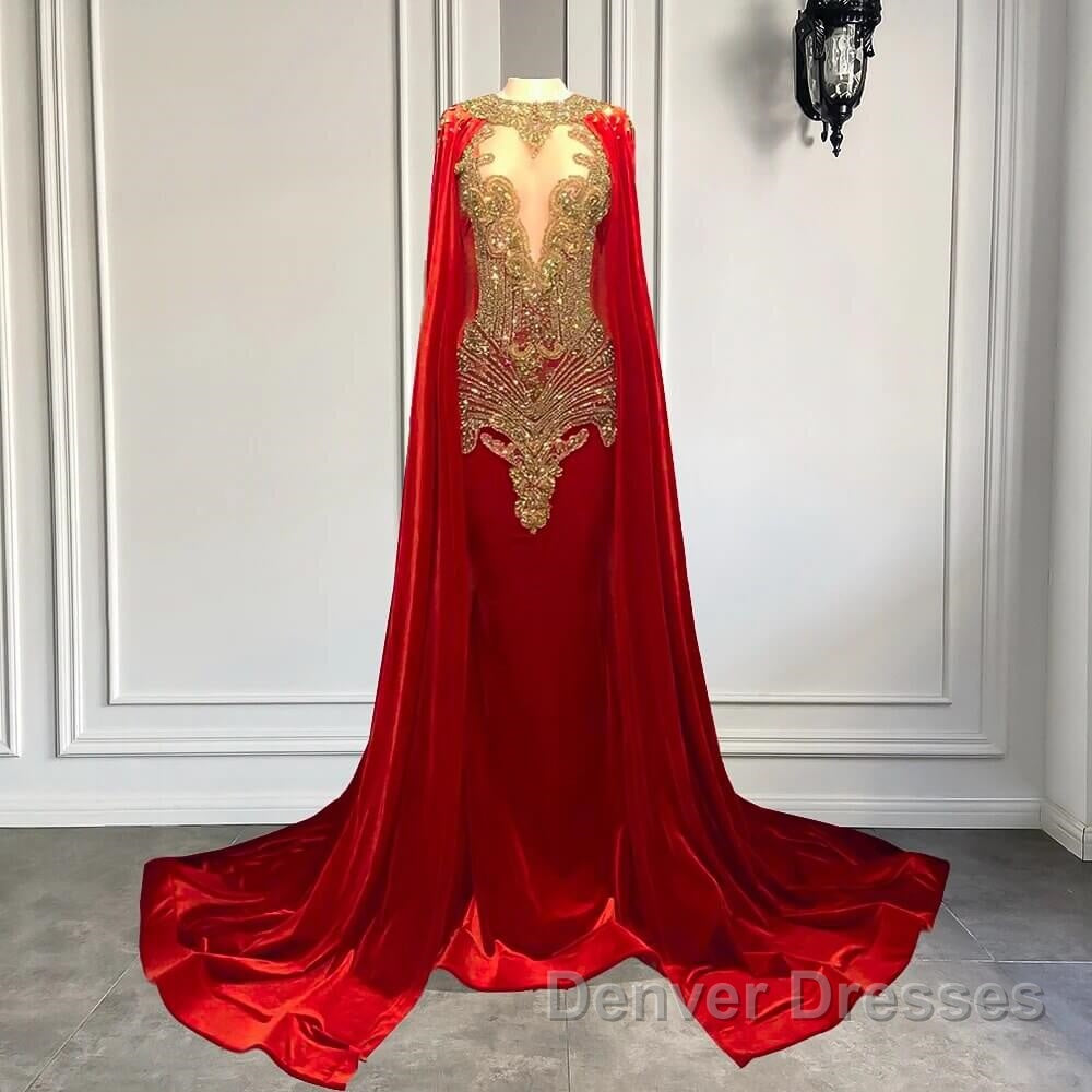 Mermaid Prom Dress with Red Scoop Neckline and Beadings Cape
