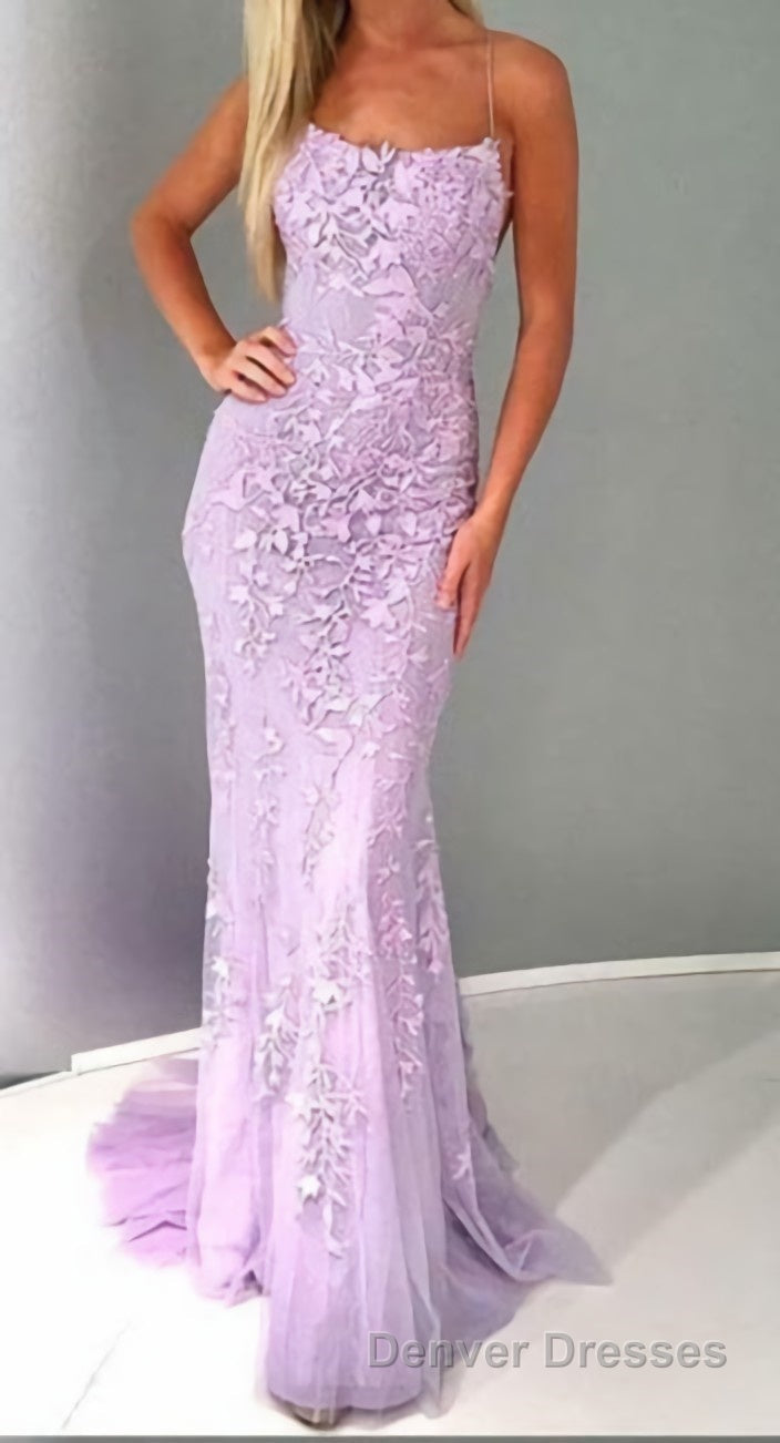 Chic Trumpet Spaghetti Straps With Lace Appliques Light Blue Prom Dress