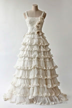 Diamond White A-Line Spaghetti Strap Lace Tulle Long Prom Dress Simple Wedding Dress