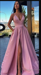 Different Colors A-line Satin Sleeveless Spaghetti Straps Slit Prom Dress