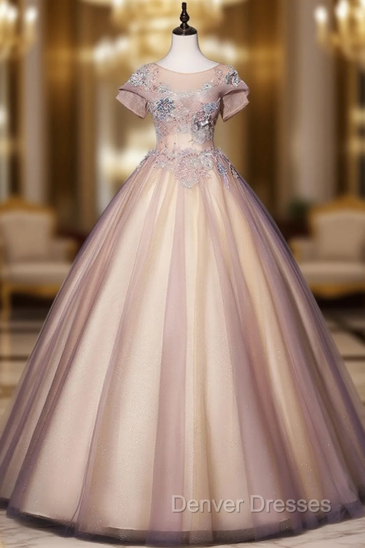 Discover The Latest Pink Ball Gown Tulle Short Sleeve Appliques Pearls Quinceanera Dress Main image