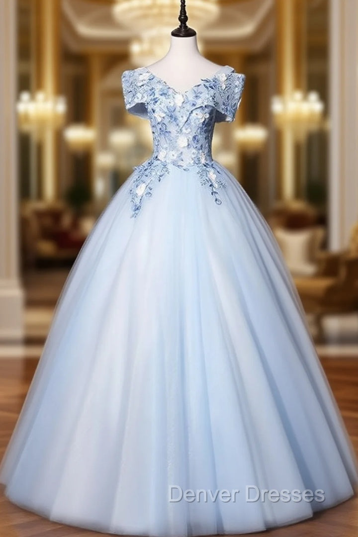 Discover The Latest Sky Blue Ball Gown Tulle Appliques Off the Shoulder Quinceanera Dress Main image