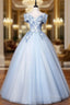 Discover The Latest Sky Blue Ball Gown Tulle Appliques Off the Shoulder Quinceanera Dress