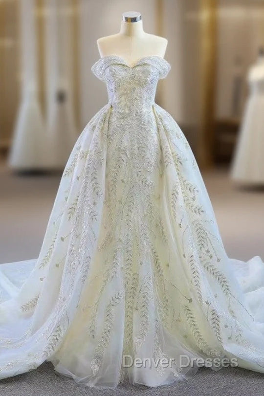 Discover The Latest White Mermaid Tulle Sequins Off the Shoulder Prom Dress With Removable Train Main image