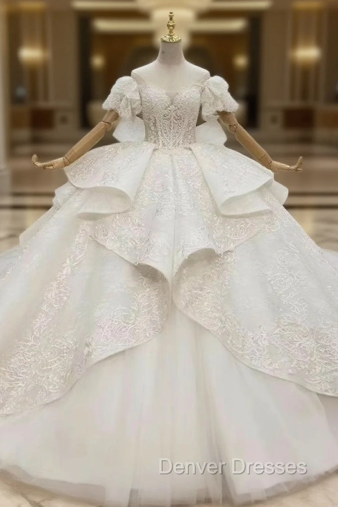 Discover The Latest White Tulle Lace Off the Shoulder Beading Ruffles Pleats Wedding Dress Main image