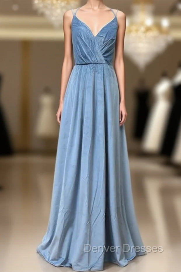 Double-Strap Dusty Blue Velvet Long Bridesmaid Dress Main image