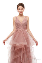 Double V-Neck Beaded Applique Layered Tulle Prom Dresses
