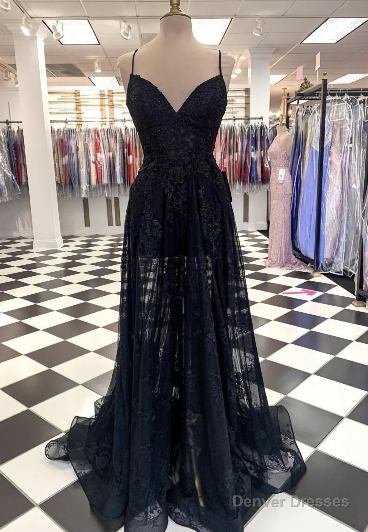 Black Tulle Lace Long Prom Dress, Black Evening Dress Main image