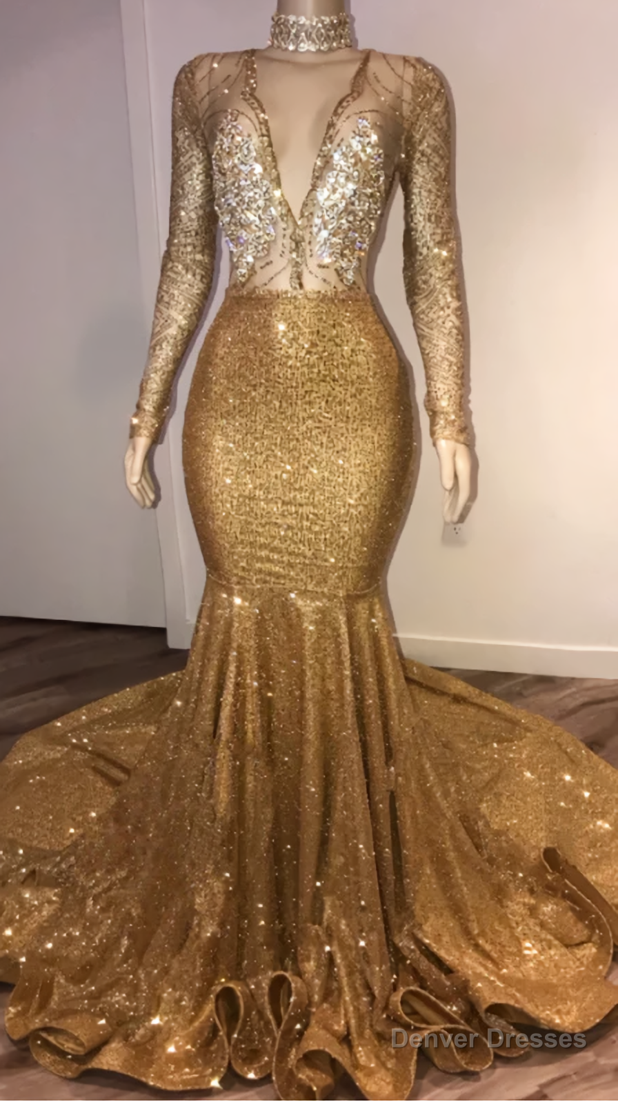 Black Girl Prom Dresses, Open Back Gold Prom Dresses, Cheap With Choker Long Sleeve Mermaid V Neck Sexy Evening Gowns With Crystals Secondary image