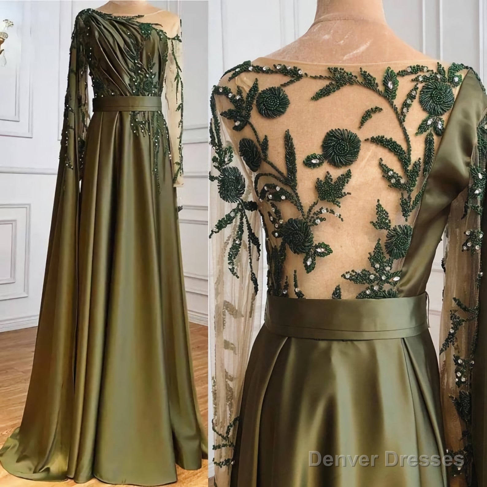 Luxury Olive Green Evening Moroccan Dress, Beading Sequined Formal Party Wear Gown Dubai Evening Dress Main image