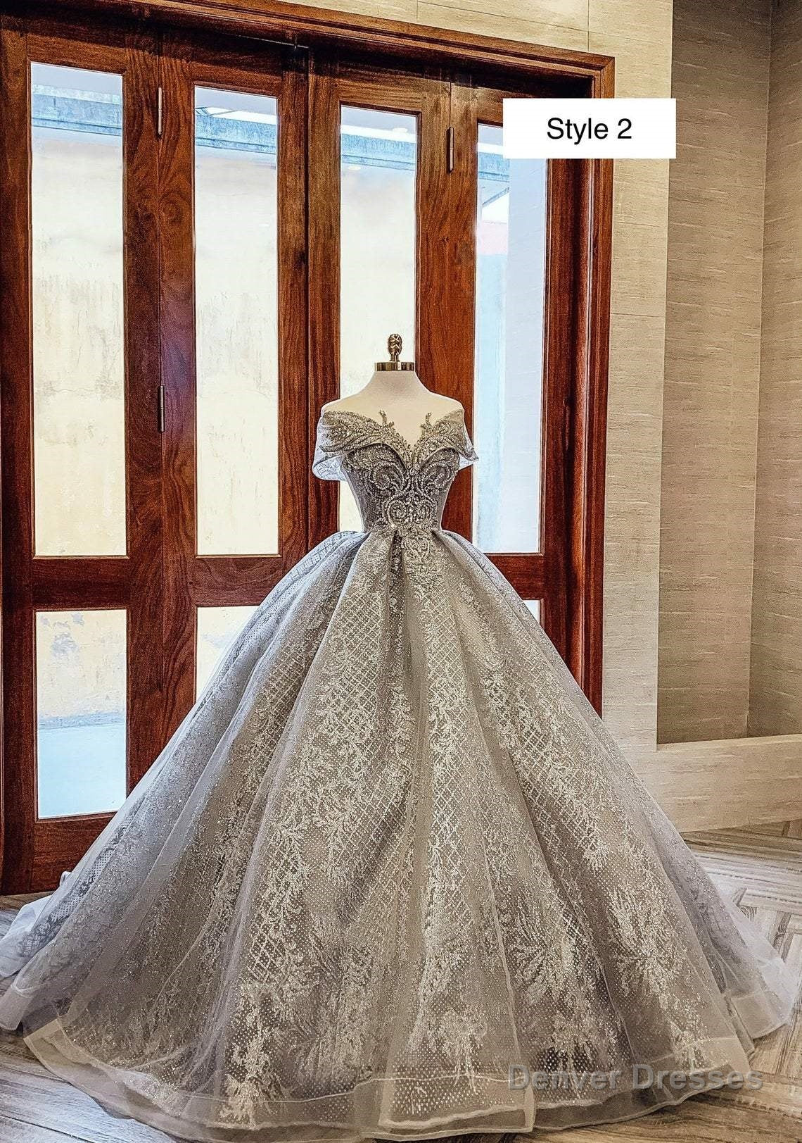 Modern Sparkly Grey Silver Long Or Cap Sleeves Ball Gown Wedding Prom Dress With Glitter Tulle Main image