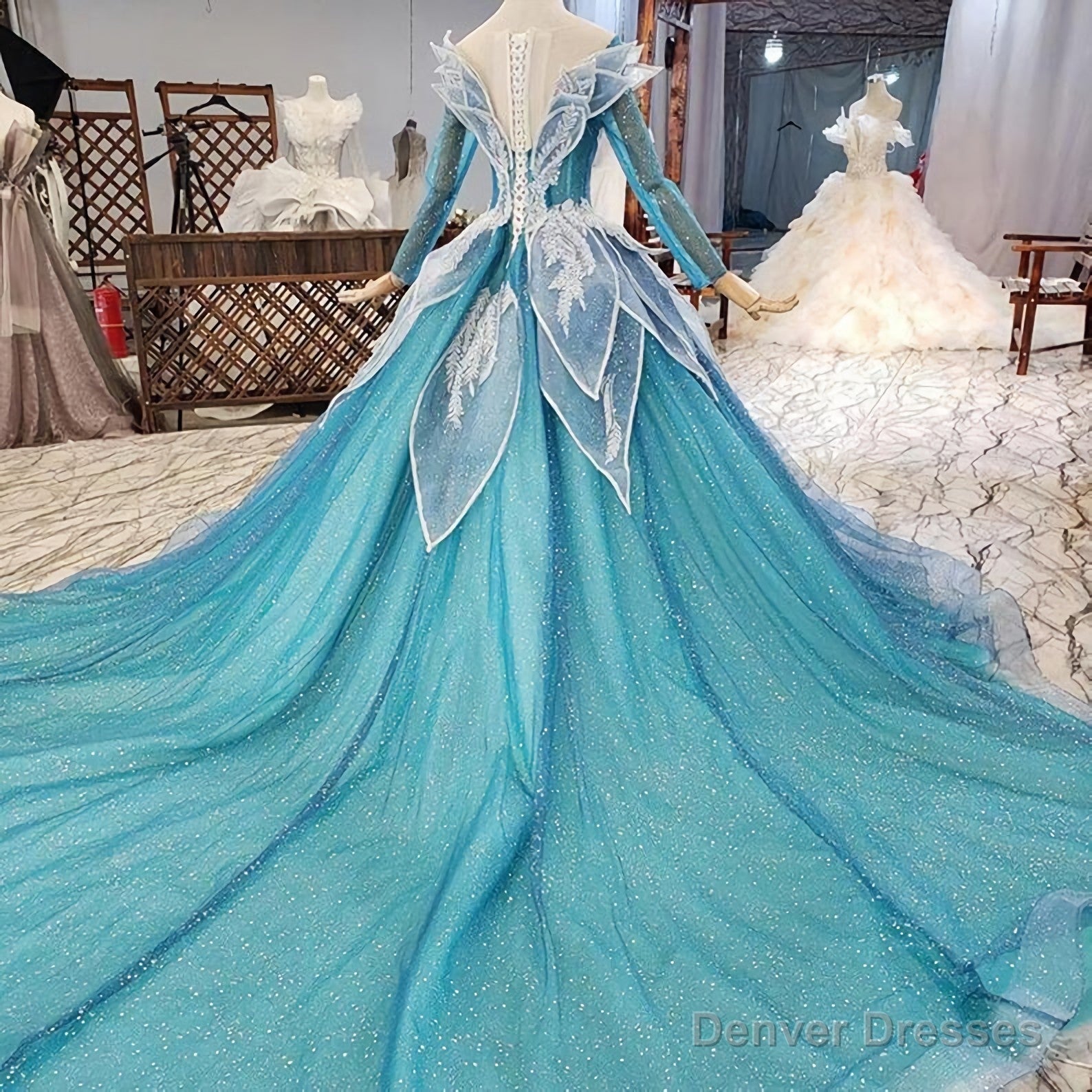 Blue Princess Sparkle Frost Fairy Queen Costume Wedding Dress, Bridal Ball Gown Long Sleeve Long Train Cosplay Off The Shoulder Secondary image