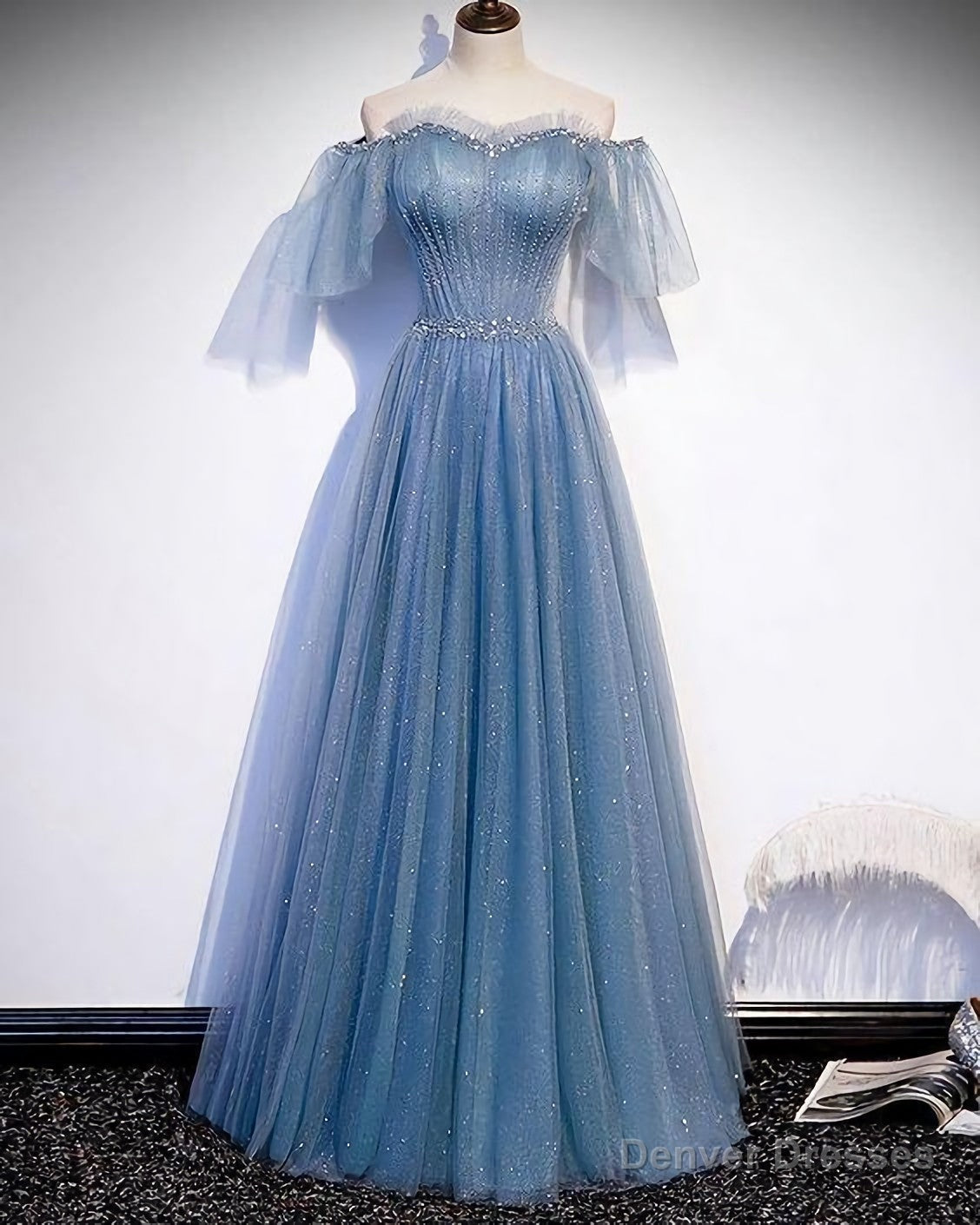 Sparkly Gorgeous A Line Off The Shoulder Dusty Blue Tulle Prom Dresses With Beading Main image