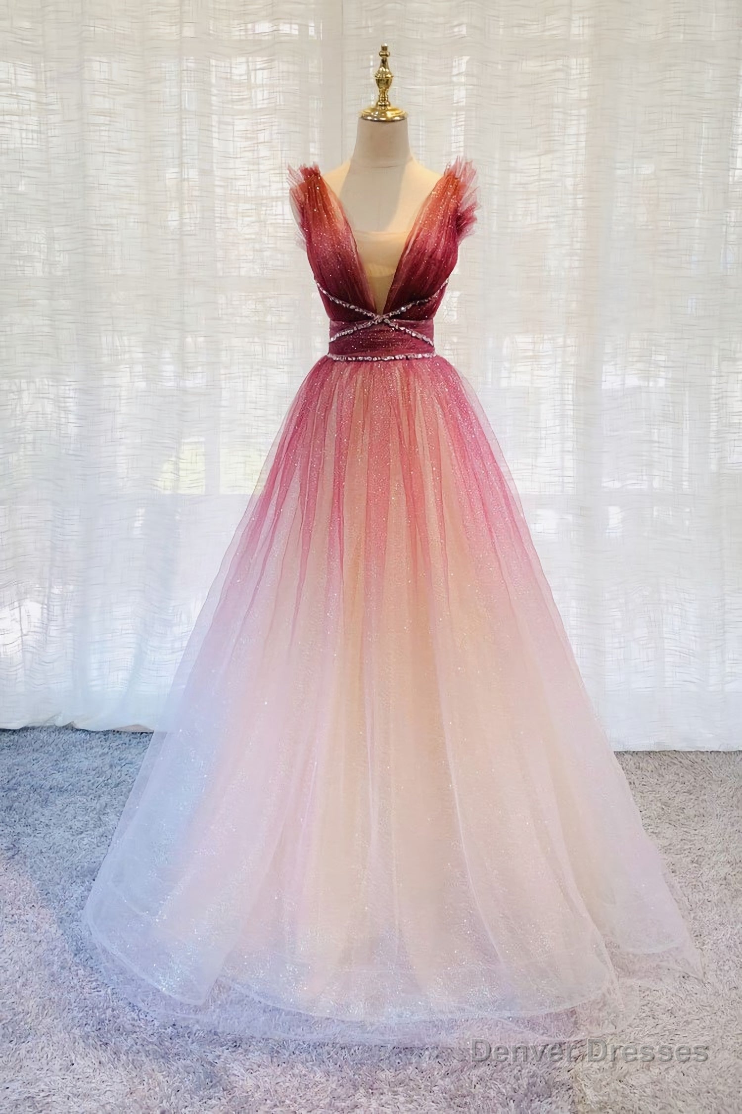Burgundy V Neck Tulle Sequin Long Prom Dress, Burgundy Evening Dress Main image