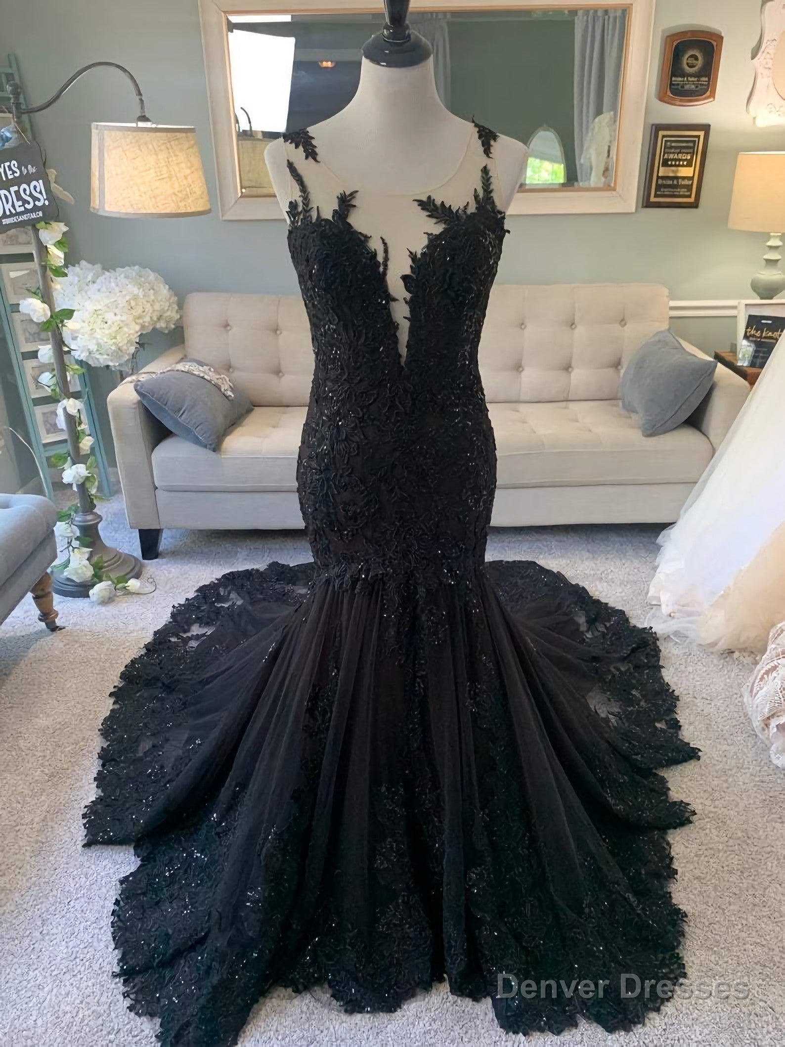 Black Wedding Dress, Gothic Wedding Dress, Mermaid Black Dress, A Line Wedding Dress, Black Lace Wedding Dress, Illusion Back Wedding Dress Secondary image