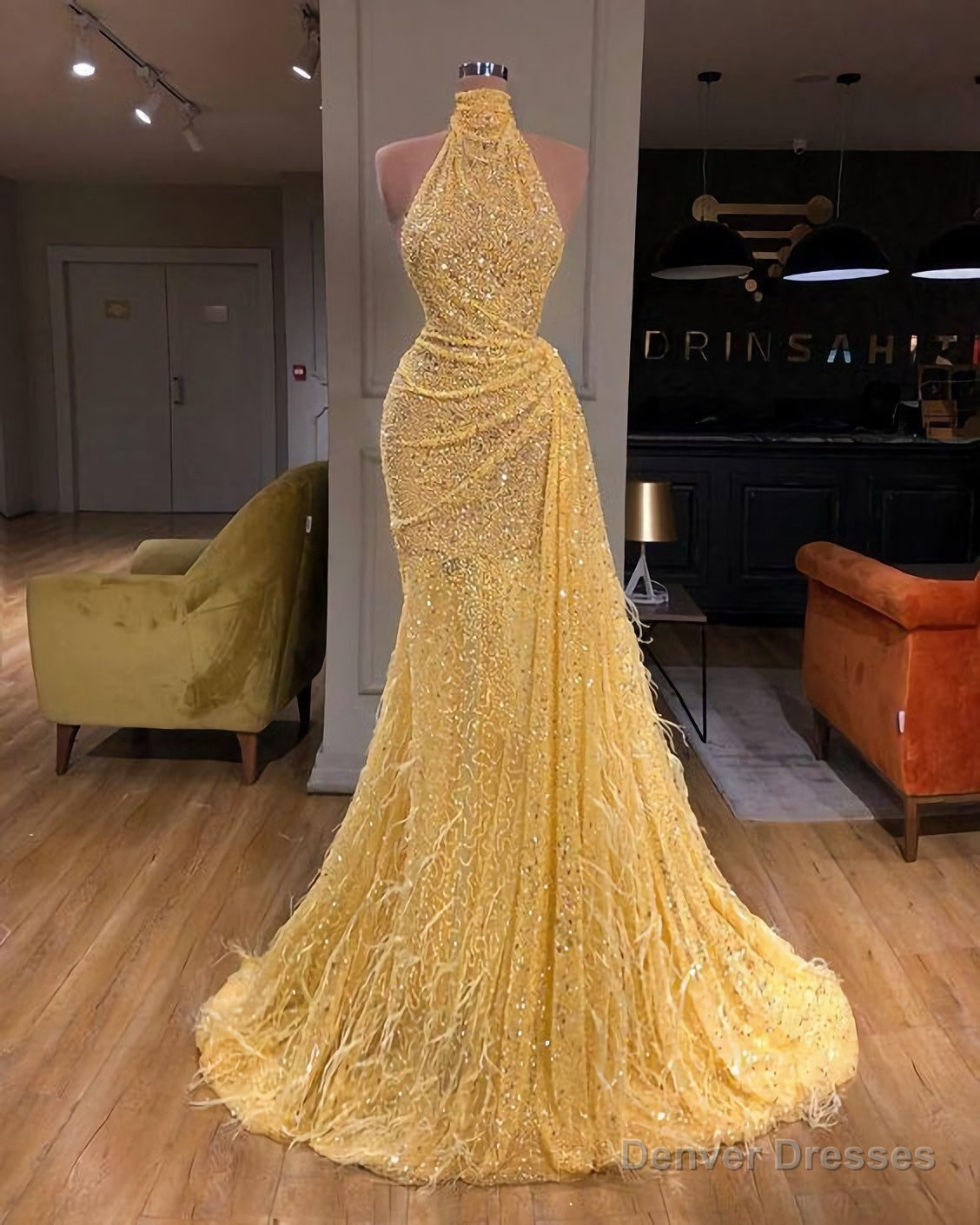 Yellow Evening Dresses, Long High Neck Sparkly Feather Luxury Bling Evening Gown Formal Dress, Long Prom Dress Main image