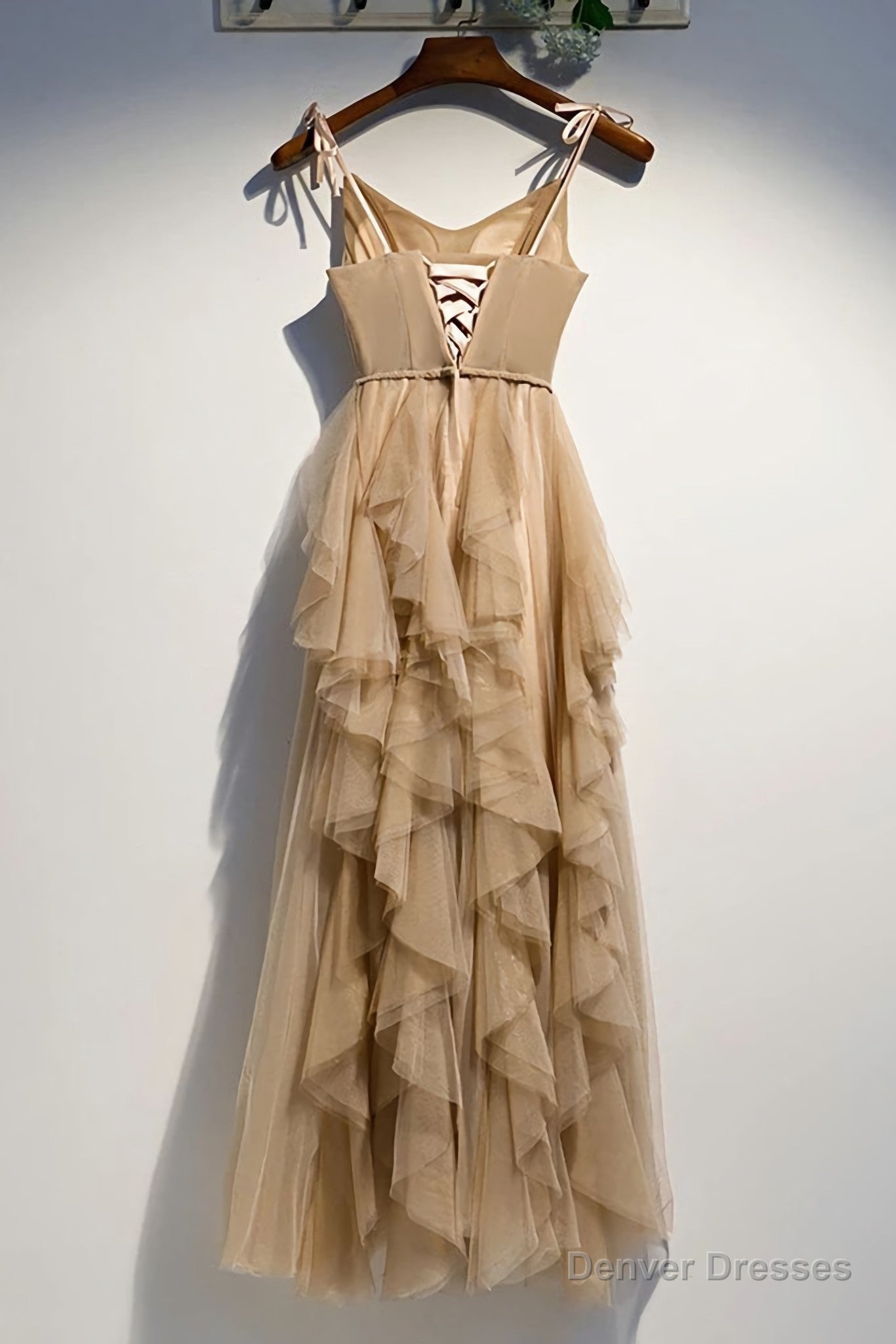 A Line Champage Spaghetti Straps Ruffles Tulle Prom Dresses, Lace Up Prom Gowns Main image