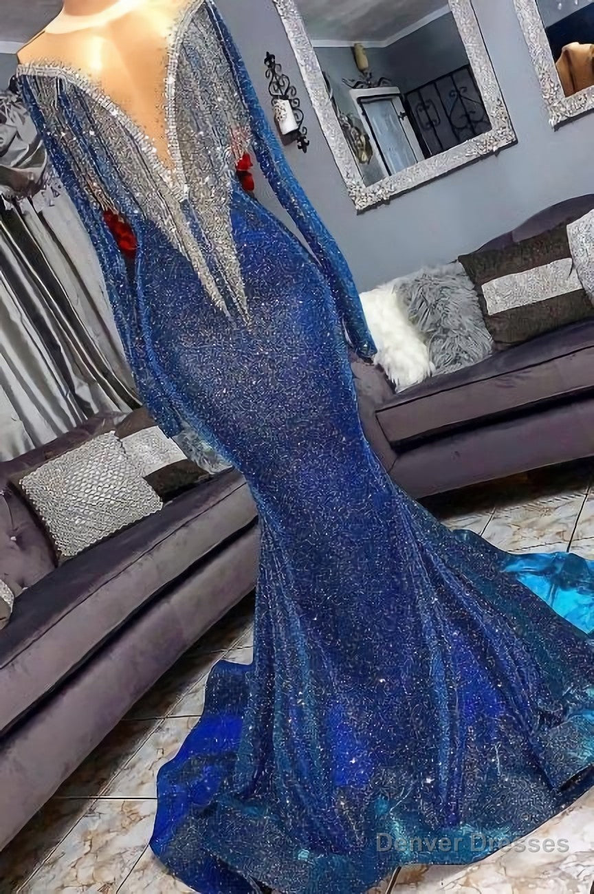 Luxury Navy Blue Long Sleeve Mermaid Prom Dresses, Sequines See Through Neckline Evening Dresses