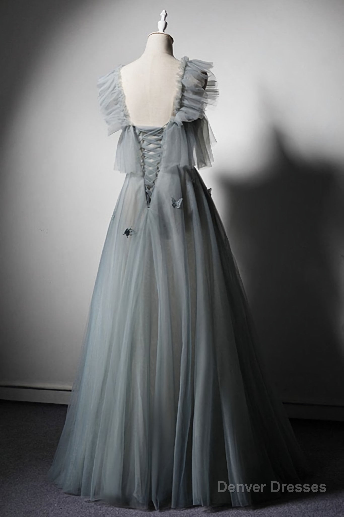 Green Gray Tulle Off Shoulder Custom Size Long Senior Prom Dress, Evening Dress Secondary image