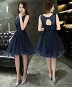 Dark Blue Lace Beading Short Prom Dress Dark Blue Evening Dress