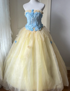 Dreamy Blue And Yellow Color-Blocked Strapless Tulle Ball Gown Evening Dress Sweet 16Th Dress