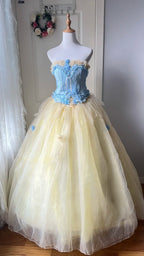 Dreamy Blue And Yellow Color-Blocked Strapless Tulle Ball Gown Evening Dress Sweet 16Th Dress