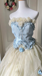 Dreamy Blue And Yellow Color-Blocked Strapless Tulle Ball Gown Evening Dress Sweet 16Th Dress