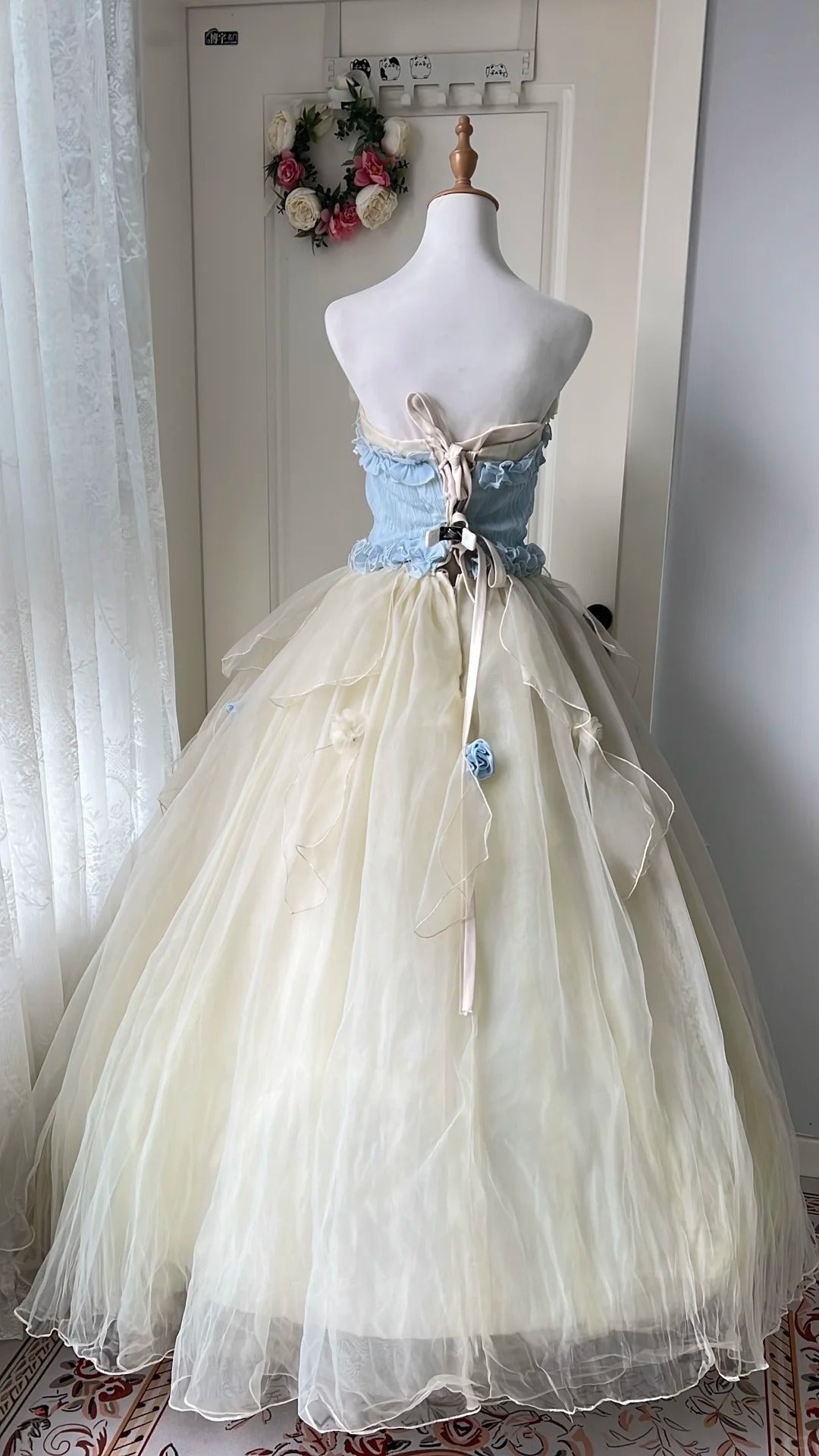 Dreamy Blue And Yellow Color-Blocked Strapless Tulle Ball Gown Evening Dress Sweet 16Th Dress