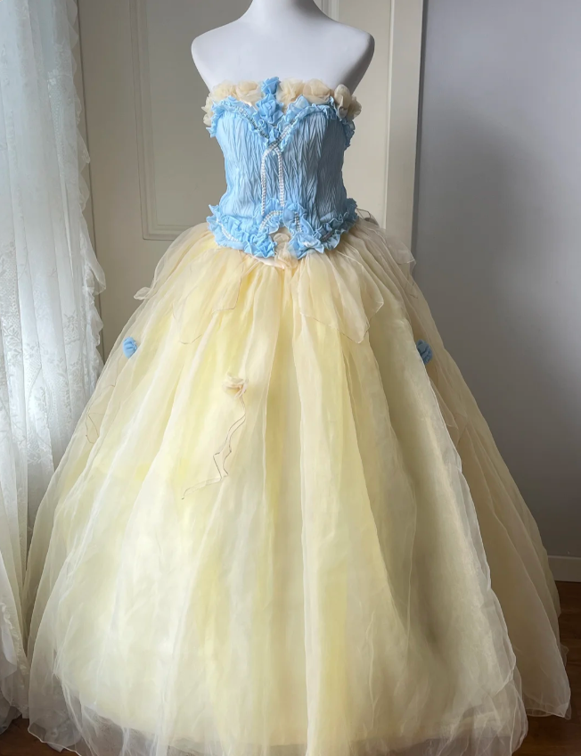 Dreamy Blue And Yellow Color-Blocked Strapless Tulle Ball Gown Evening Dress Sweet 16Th Dress