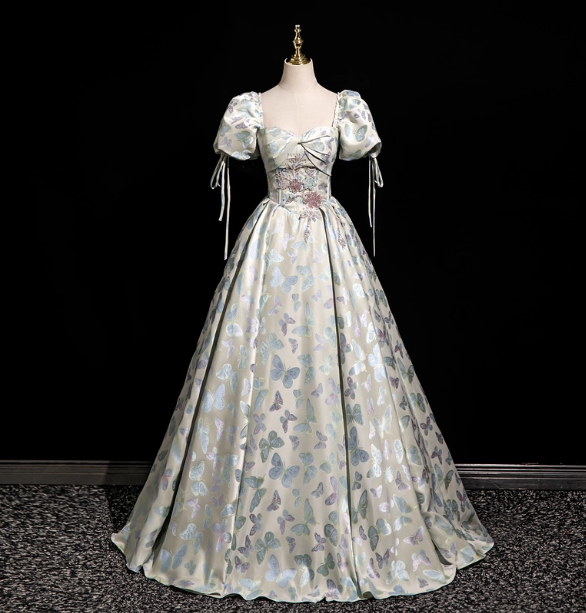 Dreamy Butterfly Jacquard Square Neck Puff Sleeve Satin Long Ball Gown Evening Dress Sweet 16 Dress Secondary image