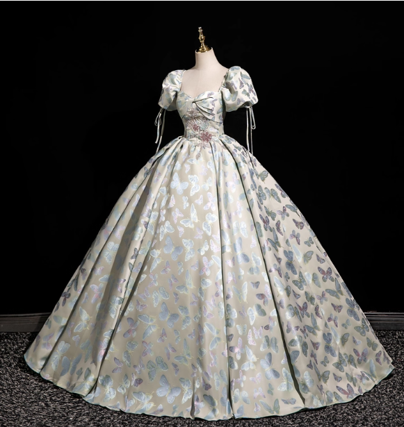 Dreamy Butterfly Jacquard Square Neck Puff Sleeve Satin Long Ball Gown Evening Dress Sweet 16 Dress