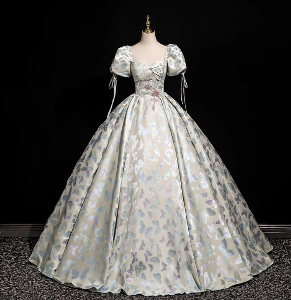 Dreamy Butterfly Jacquard Square Neck Puff Sleeve Satin Long Ball Gown Evening Dress Sweet 16 Dress