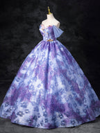 Dreamy Colorful Flowers Purple/Blue Prom Dress, Fairy Off The Shoulder A-Line Princess Party Gown