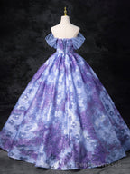 Dreamy Colorful Flowers Purple/Blue Prom Dress, Fairy Off The Shoulder A-Line Princess Party Gown