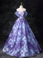 Dreamy Colorful Flowers Purple/Blue Prom Dress, Fairy Off The Shoulder A-Line Princess Party Gown