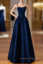 Dreamy Dark Blue Spaghetti Straps Satin Prom Dress
