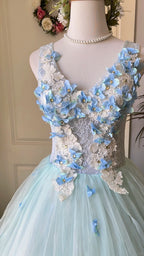 Dreamy Flower Fairy Light Blue 3D Floral V-Neck Tulle Ball Gown Evening Dress Wedding Dress