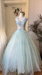 Dreamy Flower Fairy Light Blue 3D Floral V-Neck Tulle Ball Gown Evening Dress Wedding Dress