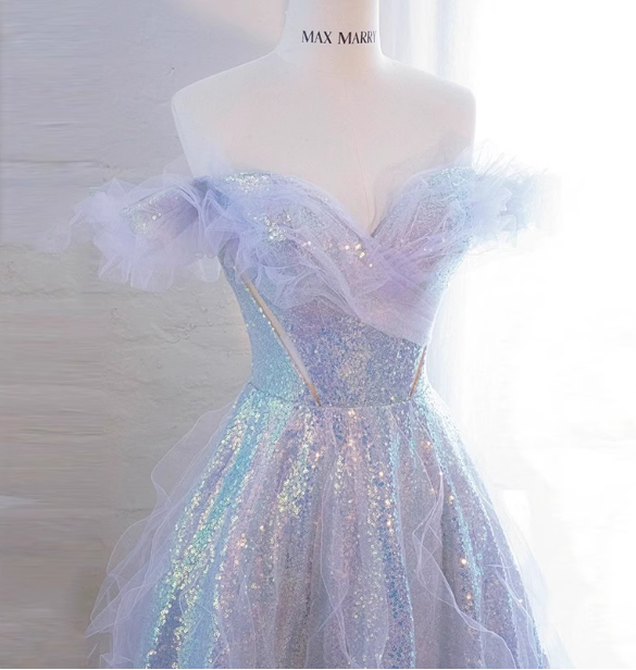 Dreamy Gradient Light Purple A-Line Off-The-Shoulder Iridescent Sequined Tulle Long Prom Dress Evening Dress Secondary image