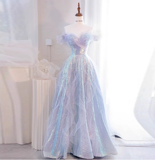 Dreamy Gradient Light Purple A-Line Off-The-Shoulder Iridescent Sequined Tulle Long Prom Dress Evening Dress Main image