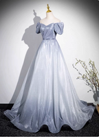 Dreamy Gradient Silver-Gray Puff Sleeve Glitter Satin Long Prom Dress Evening Dress