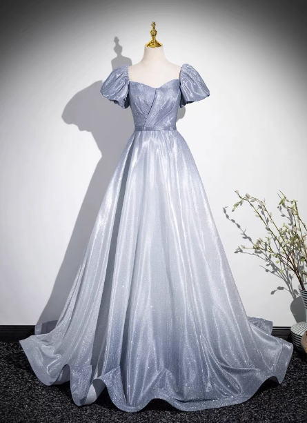 Dreamy Gradient Silver-Gray Puff Sleeve Glitter Satin Long Prom Dress Evening Dress
