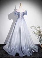 Dreamy Gradient Silver-Gray Puff Sleeve Glitter Satin Long Prom Dress Evening Dress
