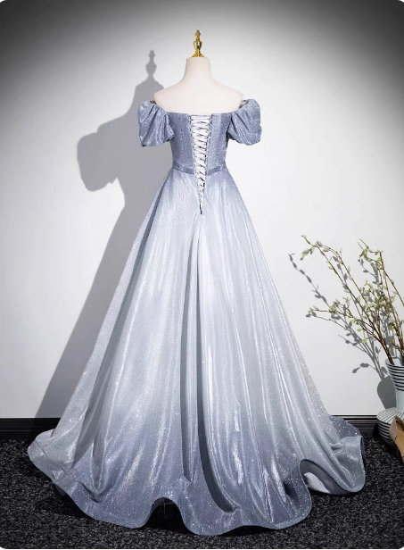 Dreamy Gradient Silver-Gray Puff Sleeve Glitter Satin Long Prom Dress Evening Dress