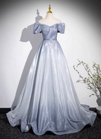 Dreamy Gradient Silver-Gray Puff Sleeve Glitter Satin Long Prom Dress Evening Dress