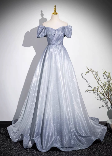 Dreamy Gradient Silver-Gray Puff Sleeve Glitter Satin Long Prom Dress Evening Dress