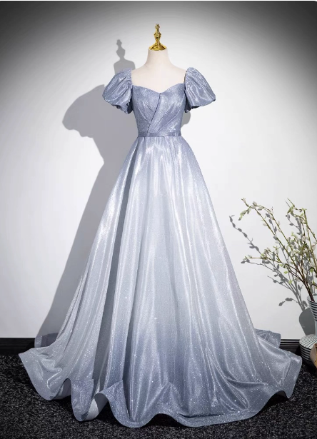 Dreamy Gradient Silver-Gray Puff Sleeve Glitter Satin Long Prom Dress Evening Dress