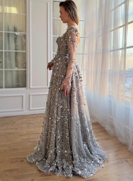 Dreamy Grey A-Line Square Neck Long Sleeve 3D Floral Sequin Tulle Long Prom Dress Evening Dress